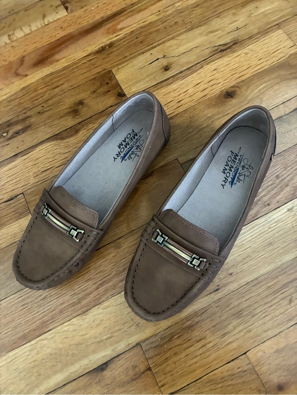 Life Stride Brown Moccasin Loafers with Gold-Tone Bar